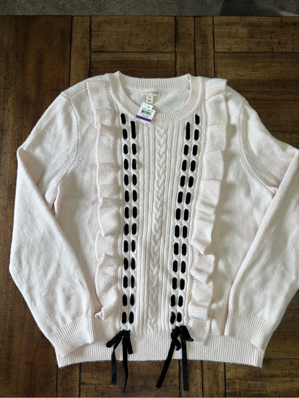 Maison Jules Light Pink Ruffle Cable Knit Sweater with Black Ribbon